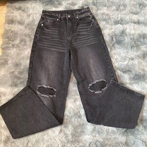 Bagguie Black Flare Wide Leg Jeans with Distressed Knees